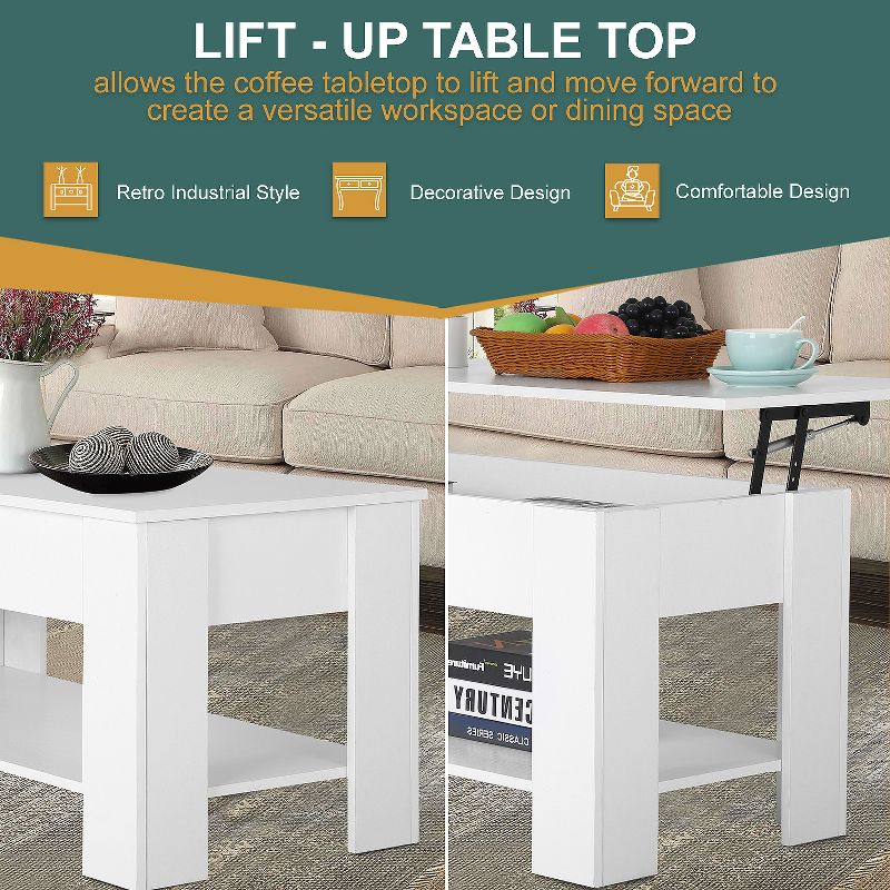 FDW Coffee Tables with Hidden Compartment and Storage Shelf Wooden Lift Tabletop Dining Table for Living Room Home (White)