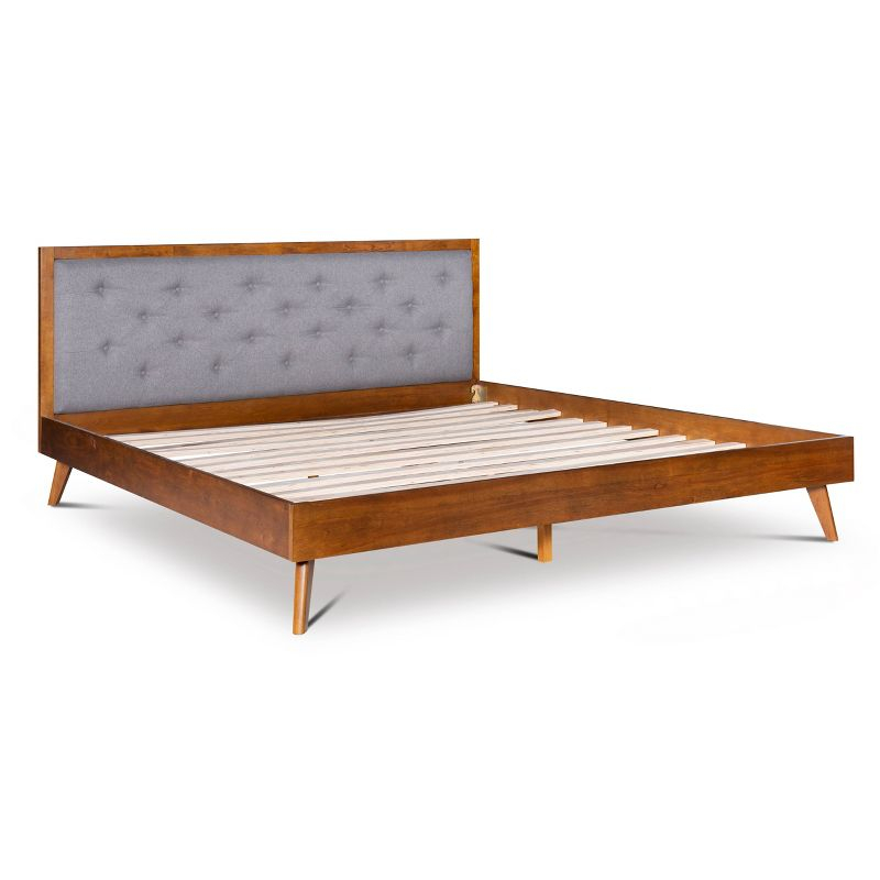 King Reid Mid-Century Platform Bed in Walnut Finish with Tufted Headboard in Gray Fabric - Linon: Upholstered Polyester, No Box Spring Needed