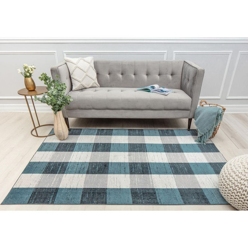 Rugs America Jaelyn JD65A Bedford Check Modern Contemporary Blue Area Rug for Dining Room Rug Neutral Rug Living Room Rug Kitchen, 2'6" x 8'