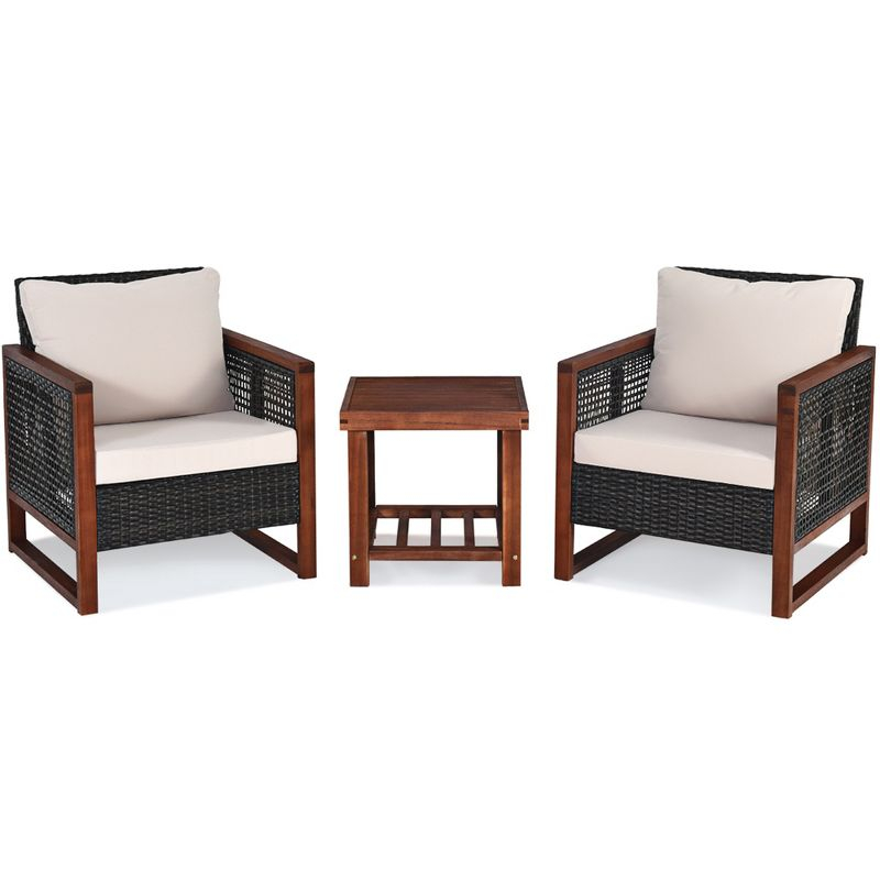 Tangkula 3-Piece Patio Rattan Wicker Bistro Set Acacia Wood Frame Sofa and Side Table
