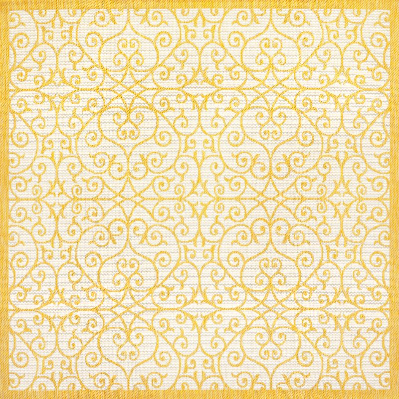 5' x 5' Madrid Vintage Filigree Textured Weave Indoor/Outdoor Area Rug, Cream/Yellow - JONATHAN Y