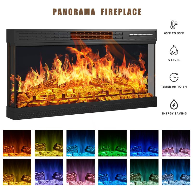 AOXUN 36 Inch 3-Sided Glass Fireplace TV Stand for TVs up to 80", Rustic Media Entertainment Center Console Table with Glass Door Closed Storage, Grey
