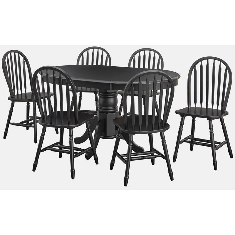 Buylateral 7pc Lancaster Farmhouse Solid Wood Extendable Dining Table Set Black: Solid Rubberwood, Pedestal Base, Removable Leaf