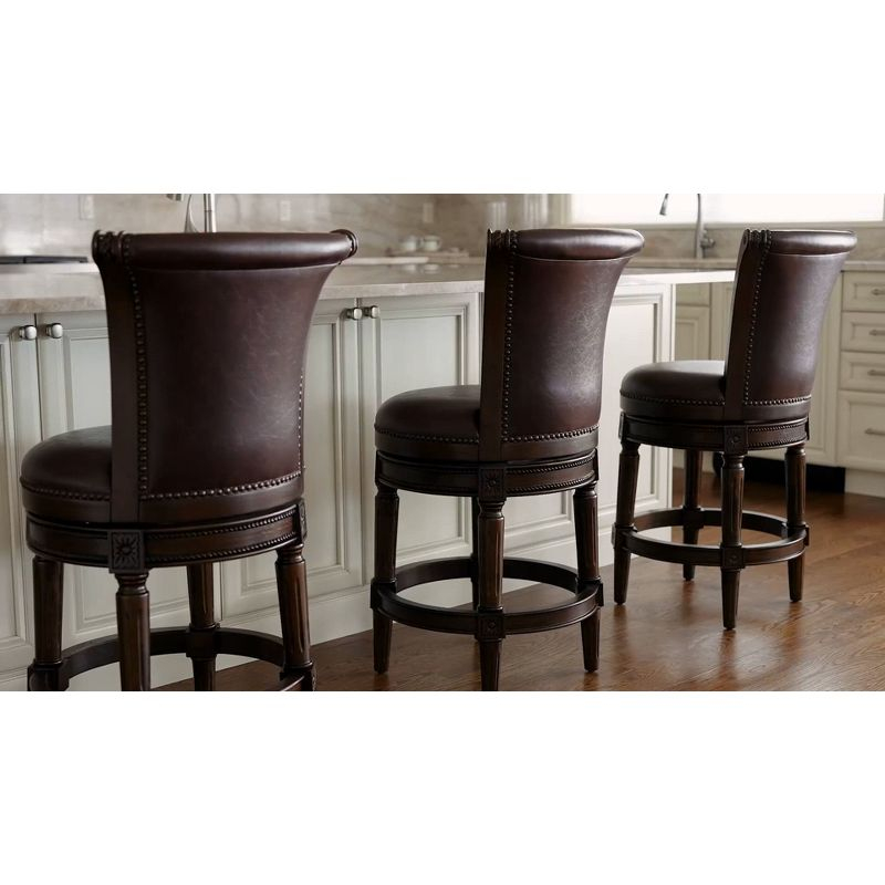 Maven Lane Pullman 26 Inch Tall Counter Height Upholstered Barstool with Back in Weathered Oak Finish with Sand Color Fabric Cushion Seat, Set of 4