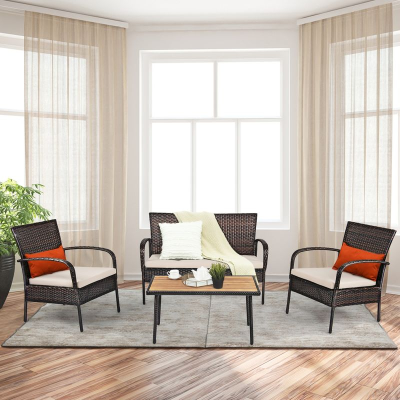 Tangkula 4PCS Cushioned Rattan Patio Conversation Set Outdoor Furniture Set