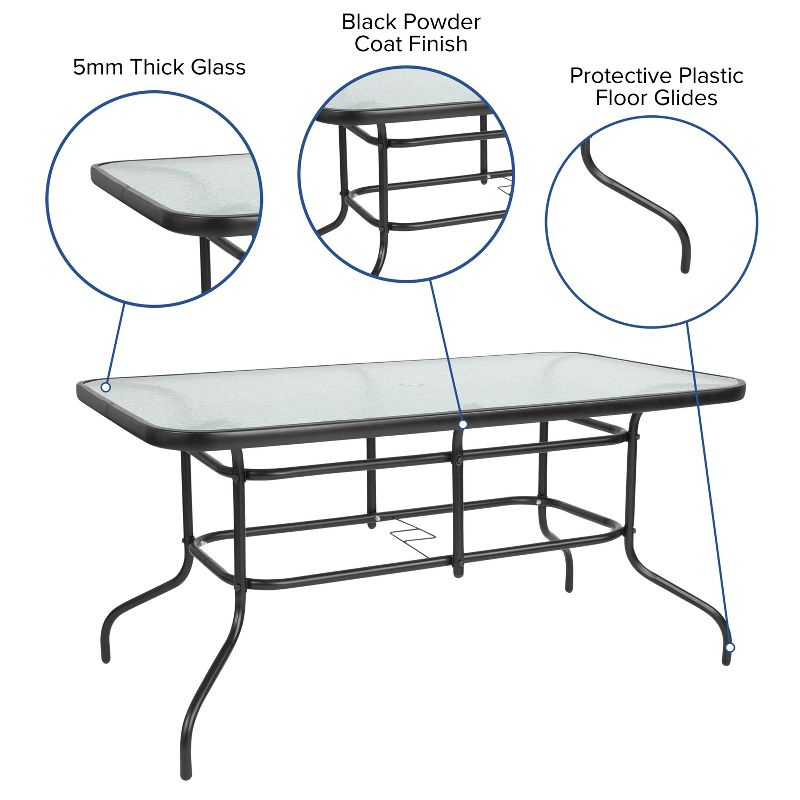 Flash Furniture 7 Piece Outdoor Patio Dining Set - 55" Tempered Glass Patio Table with Umbrella Hole, 6 Black Flex Comfort Stack Chairs