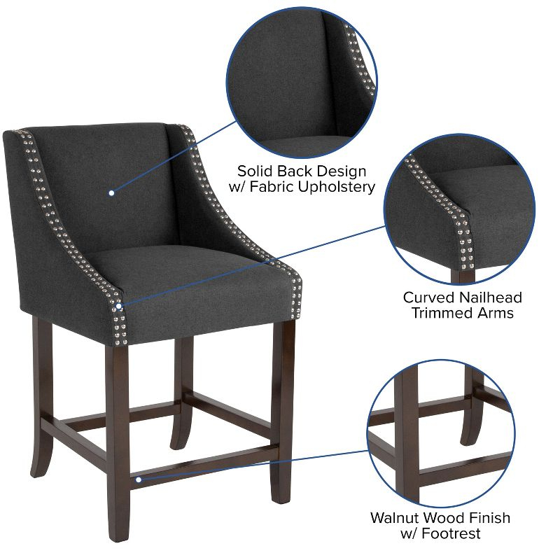 Flash Furniture Carmel Series 24" High Transitional Walnut Counter Height Stool with Accent Nail Trim in Charcoal Fabric