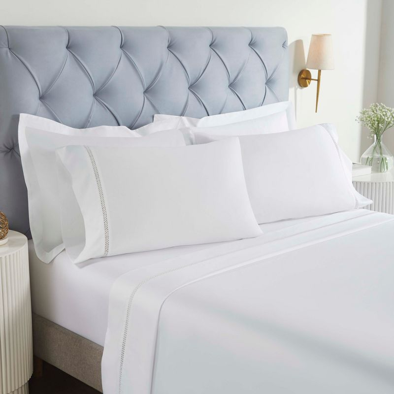 Cotton Cross-Stitch Embroidered Sheet Set, Twin Extra Long (XL), White-White - Blue Nile Mills