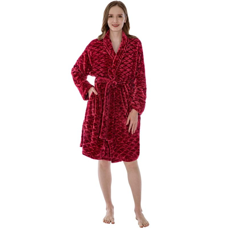 PAVILIA Short Robes for Women, Plush Soft Bathrobe Womens Lightweight, Fluffy Fuzzy Robe Knee Length, Shower Spa (Dark Red, Large-X-Large)