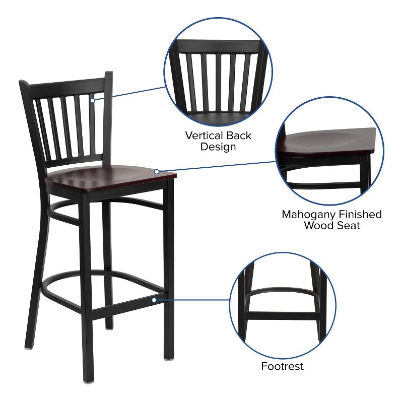 Flash Furniture HERCULES Series Black Vertical Back Metal Restaurant Barstool - Mahogany Wood Seat