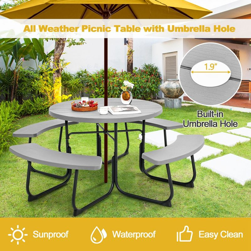 Costway Outdoor 8-person Round Picnic Table Bench Set with 4 Benches & Umbrella Hole Grey