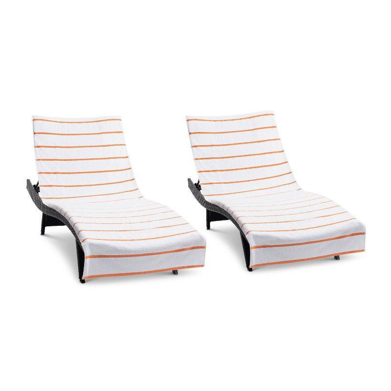Arkwright Las Rayas Chaise Lounge Cover - (Pack of 2) 100% Cotton Terry Towel with Fitted Pocket, 30x85 - Orange