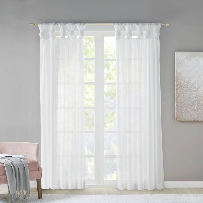 Set of 2 95"x50" Persis Twisted Tab Voile Sheer Window White: Madison Park Curtain Panels, Sheer, Transitional Style