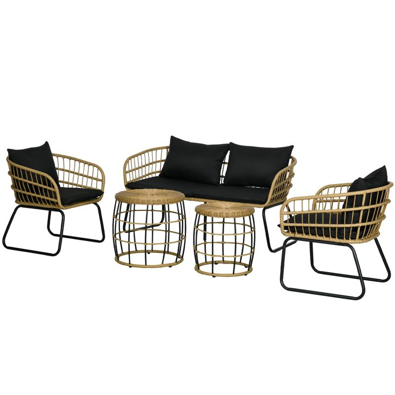 Outsunny 5 Piece PE Rattan Outdoor Furniture Set with Cushioned Chairs, Loveseat Sofa & Stackable Coffee Tables, Black