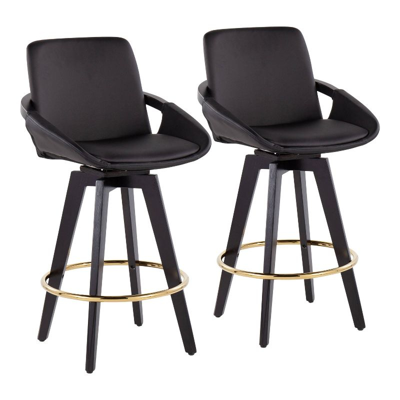 Set of 2 Cosmo PU Leather/Metal/Wood Counter Height Barstools Black/Gold - LumiSource: Swivel Seat, Fixed Height