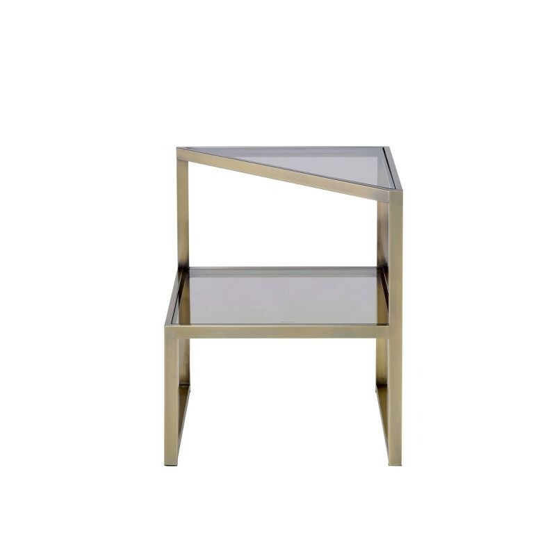 18" Treva Accent Table Smoky Glass/Antique Gold Finish - Acme Furniture: Triangle Shape, Open Shelf, No Tools Assembly