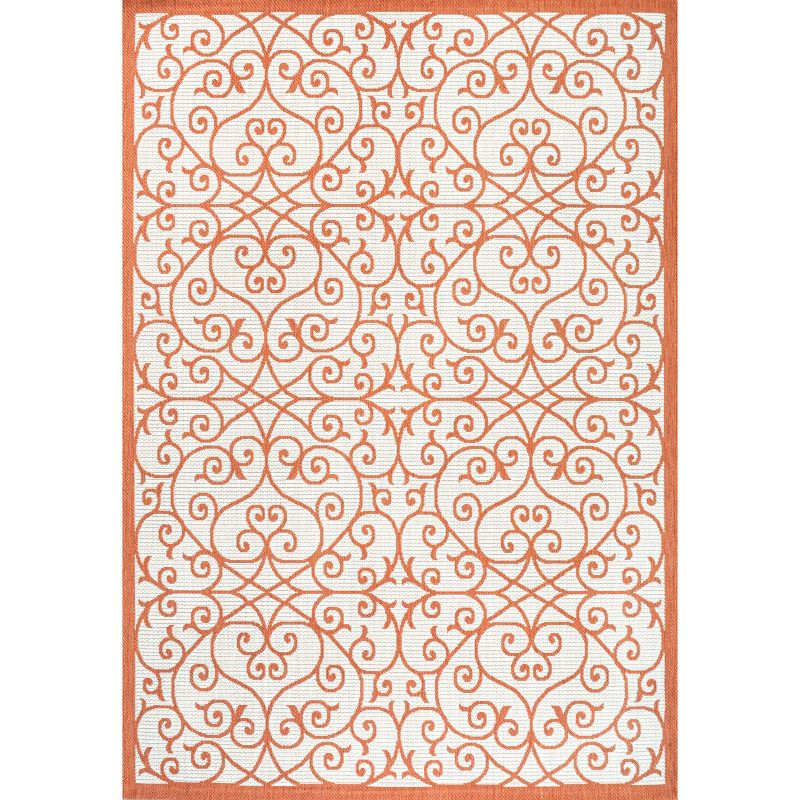 4' x 6' Madrid Vintage Filigree Textured Weave Indoor/Outdoor Area Rug, Cream/Orange - JONATHAN Y