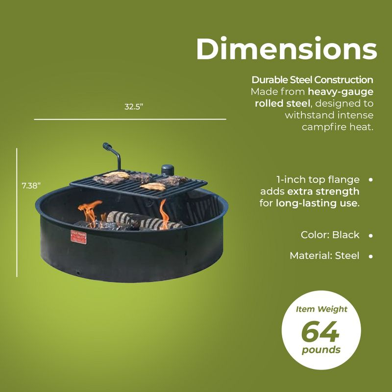 Pilot Rock 30 Inch Heavy Duty Steel Ground Fire Pit Ring Insert Liner and Metal Cooking Grate for Grilling, Camping, and Backyard Bonfires, Black