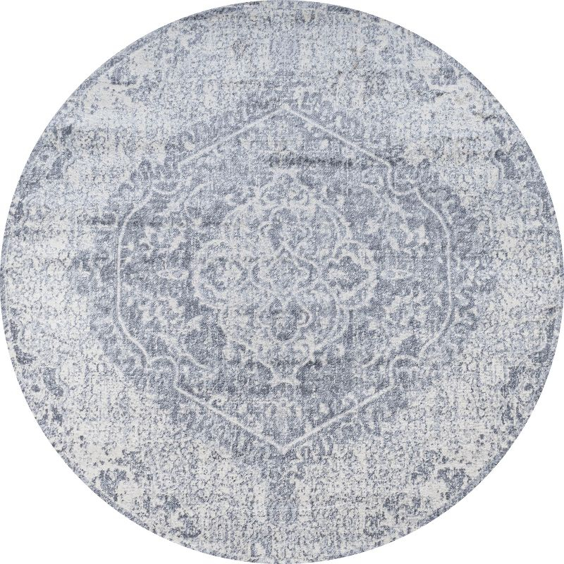 5' Round Modern Persian Vintage Medallion Area Rug, Gray/Ivory - JONATHAN Y