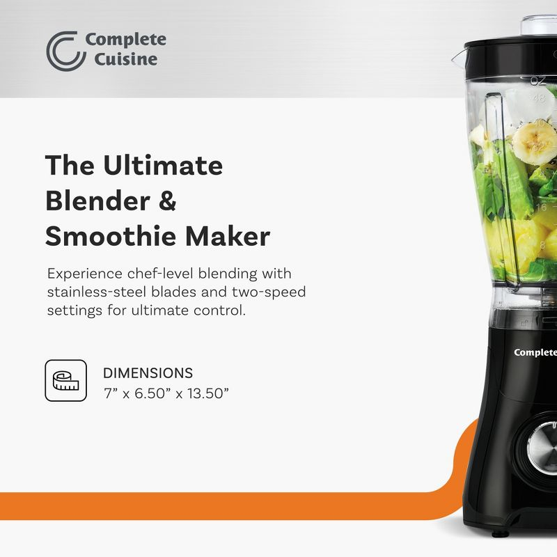 Complete Cuisine Kitchen Blender and Food Mixer, Electric Smoothie Maker with Stainless-Steel Blades, 2-Speed Control, 48 Oz, Black