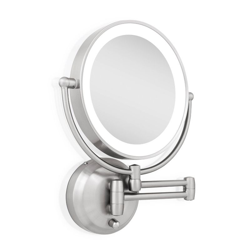 11" Round LED Wall Mount Powered by Battery or Adaptor Makeup Mirror Satin Nickel Finish - Zadro: 10x Magnifying, Spot Clean, Metal & Glass
