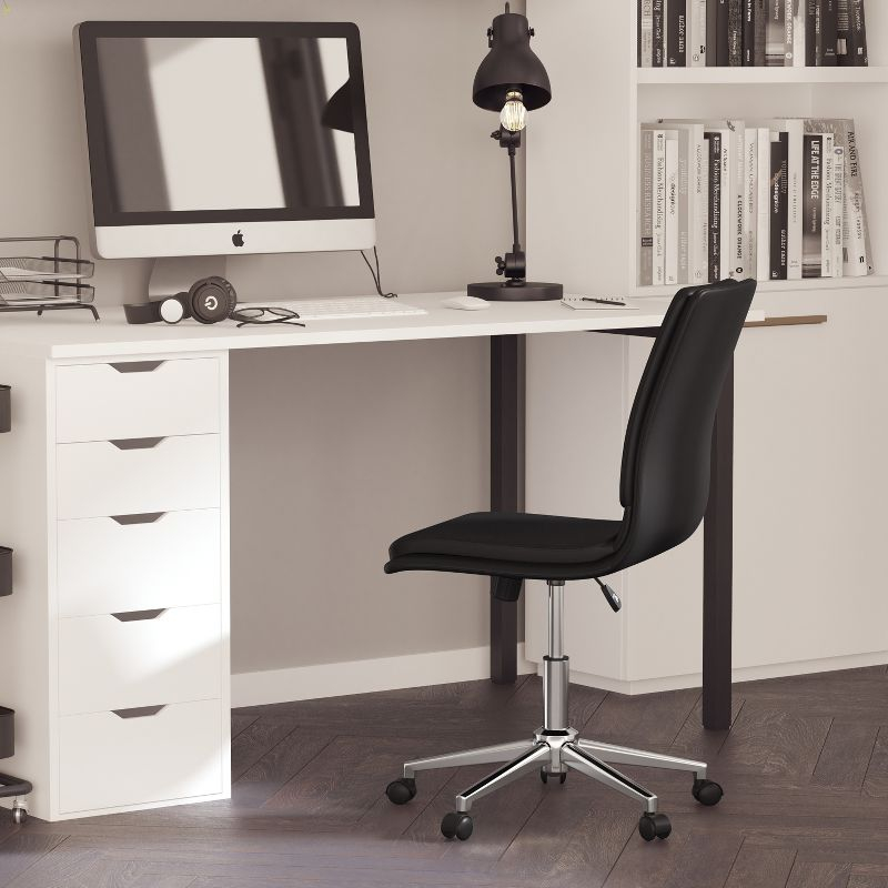 Merrick Lane Mid-Back Armless Home Office Chair with Height Adjustable Swivel Seat and Five Star Chrome Base, Black Faux Leather