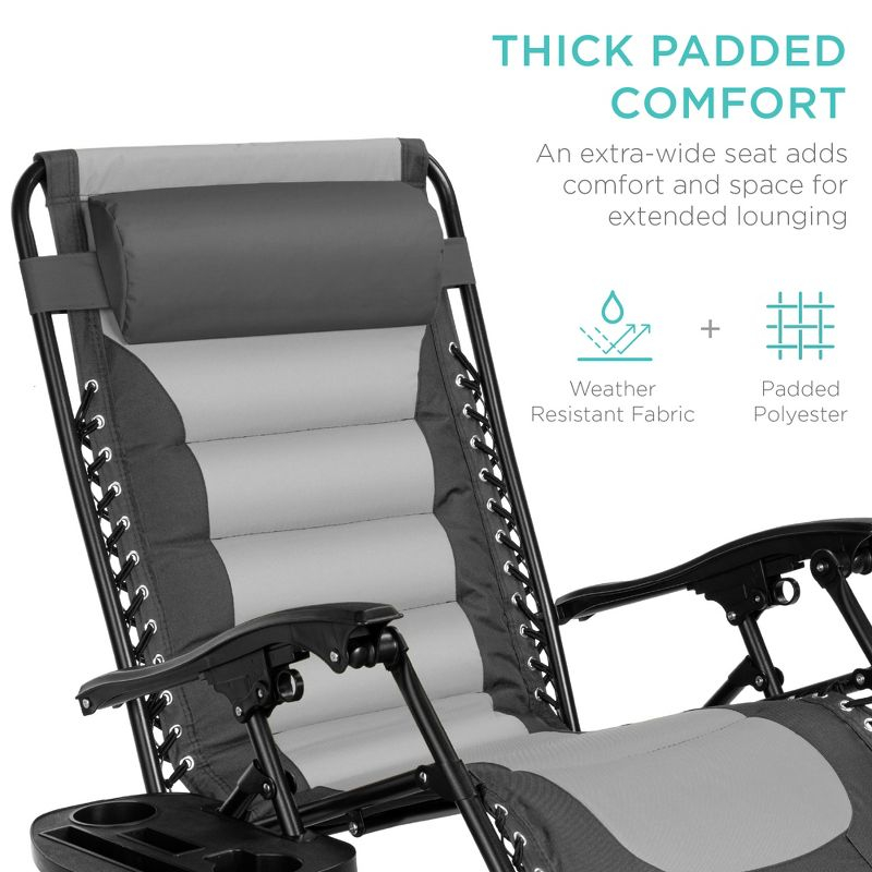 Best Choice Products Oversized Padded Zero Gravity Chair, Folding Outdoor Patio Recliner w/ Side Tray - Gray/Light Gray