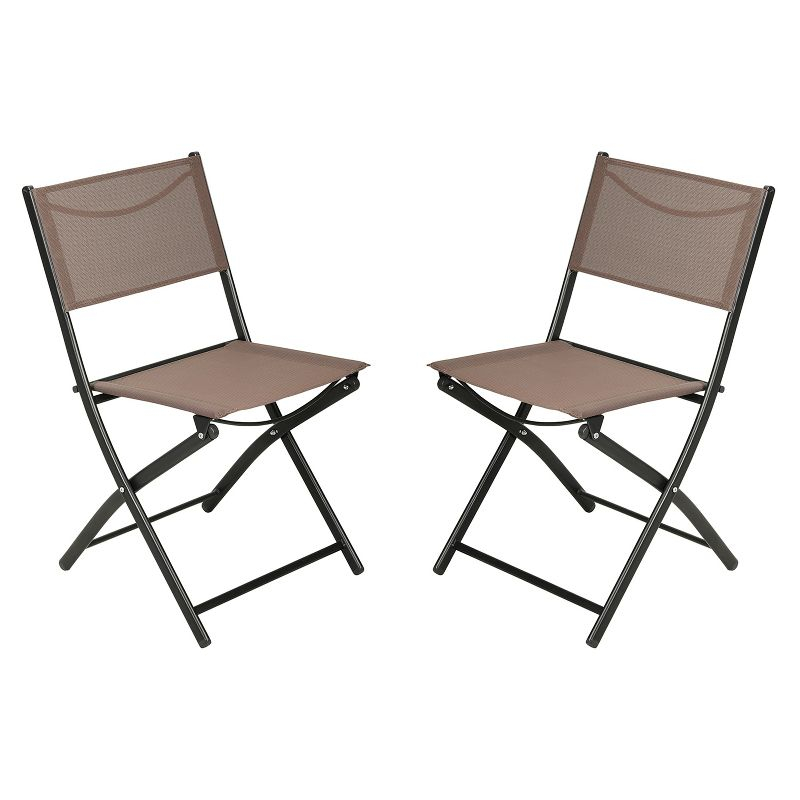 Emma and Oliver Set of 2 Folding Chairs for Indoor/Outdoor Use with Brown Flex Comfort Material and Black Steel Frames
