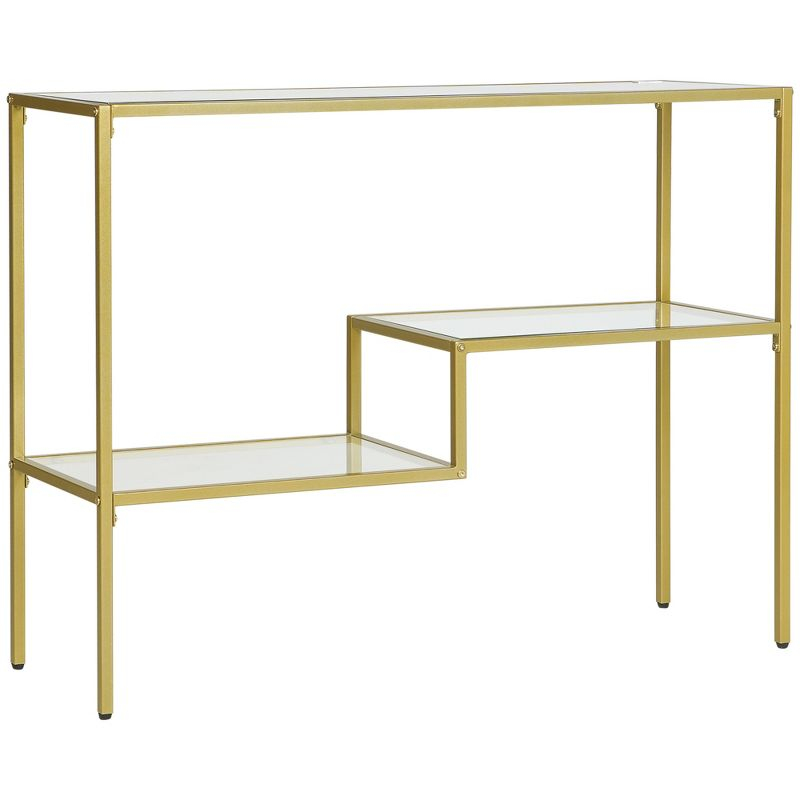 HOMCOM Gold Console Table, 39" Tempered Glass Behind Sofa Table, Narrow Entryway Table with Storage Shelves, Steel Frame Glass Table
