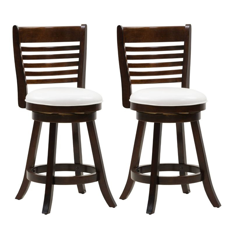 Set of 2 Woodgrove Counter Height Barstools with Slat Backrest Dark Cappuccino White - CorLiving: Faux Leather, Swivels, Rubberwood Legs