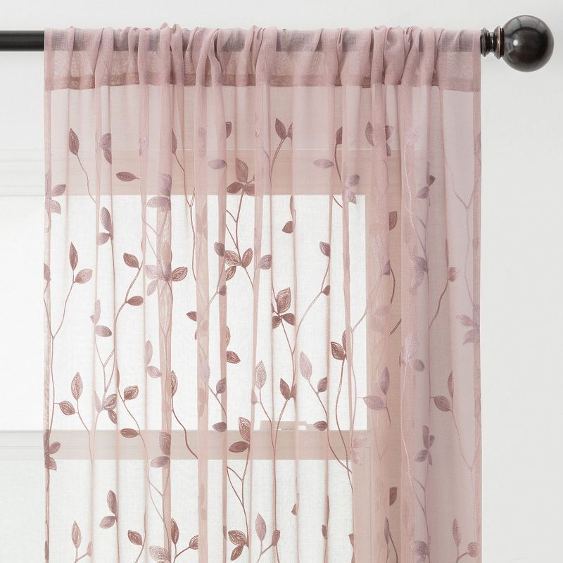 Chanasya 2pk Embroidered Vine Sheer Window Curtain Panels - Set of 2 - 52 x 96 Inches Long - Rose Dust