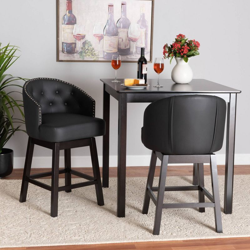 2pc Theron Faux Leather & Wood Swivel Counter Height Barstool Set with Nailhead Trim - Baxton Studio