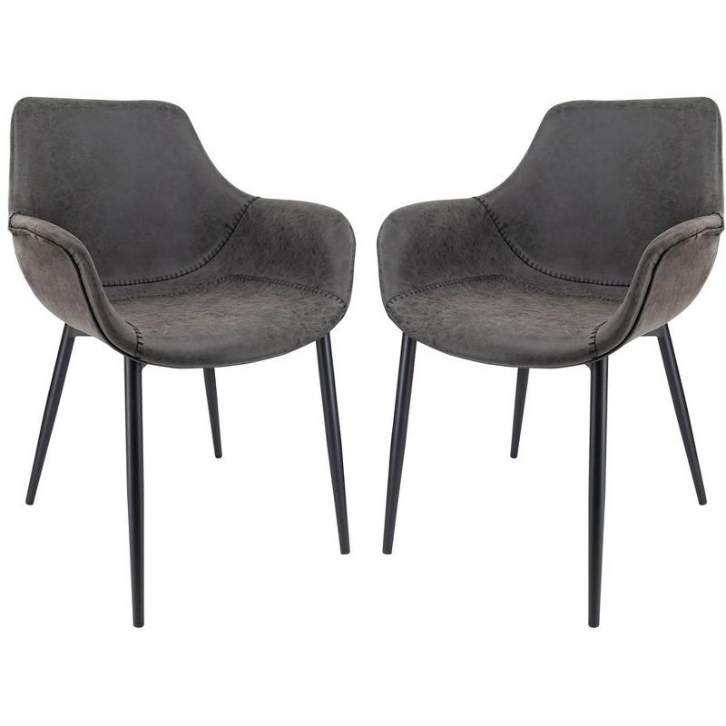 LeisureMod Markley Leather Dining Arm Chair With Metal Legs Set of 2 in Charcoal Black