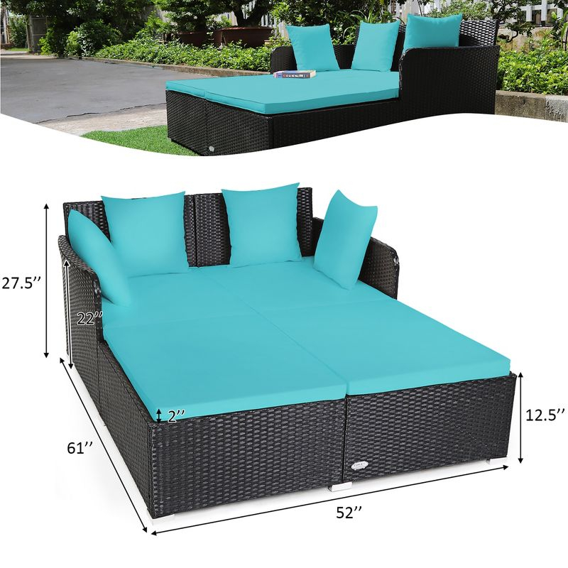 Costway Outdoor Patio Rattan Daybed Pillows Cushioned Sofa Furniture Turquoise