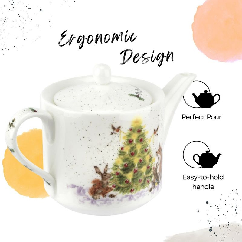 Spode Royal Worcester Oh Christmas Tree 16 Oz Teapot - Fine Bone China Tea Pot - Hand-Painted Woodland Critters, Dishwasher & Microwave Safe