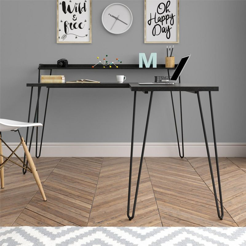 Haven L Desk with Riser, Black Oak
