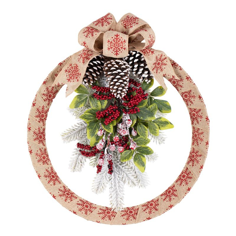 Haute Décor 18in Snowflake Homespun Wreath: Winter Door Bow, Pinecones, Faux Foliage, Indoor/Outdoor Use