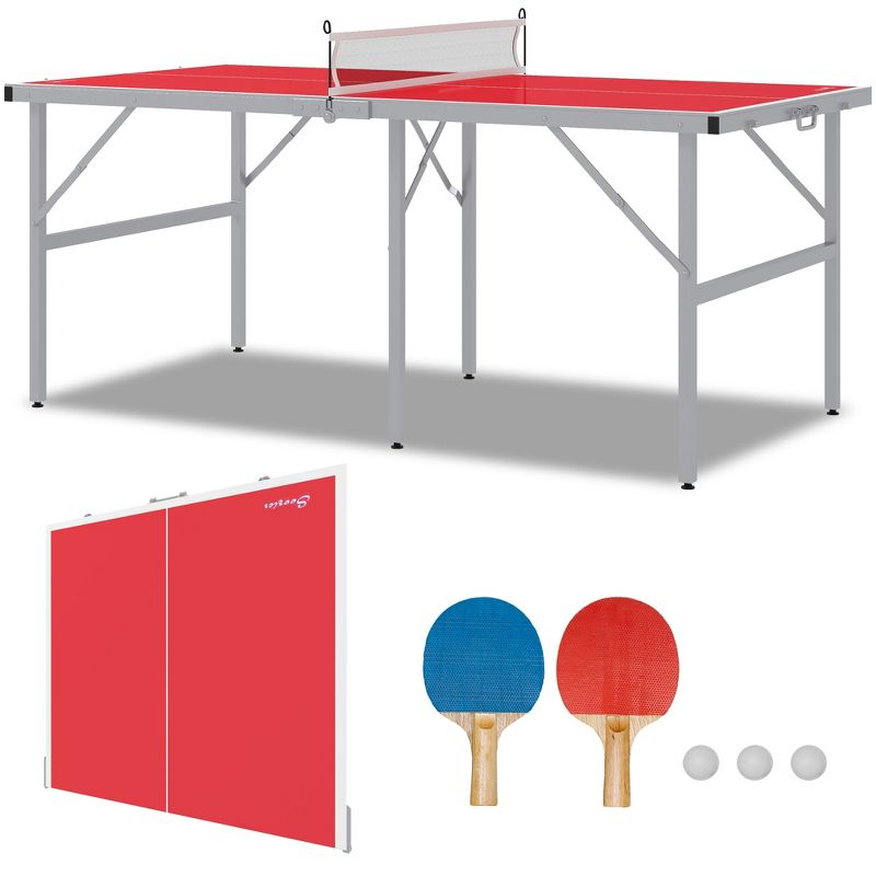 Soozier Mini Ping Pong Table Set for Outdoor and Indoor, Foldable Table Tennis Table with Net, 2 Paddles, 3 Balls, Easy Assembly, Red