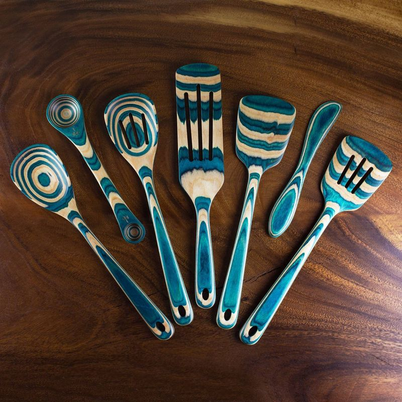 Baltique 7pc Mykonos Kitchen Utensil Set: Wooden Cooking Utensils, Spurtle, Large Soup Utensil, Blue, Hand Wash