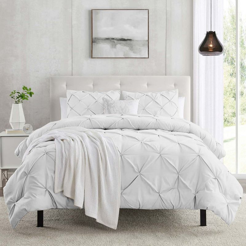 Nestl 3 Piece Pinch Pleated Duvet Cover Set, Queen Size Double Brushed Pintuck Duvet Cover with Button Closure, White