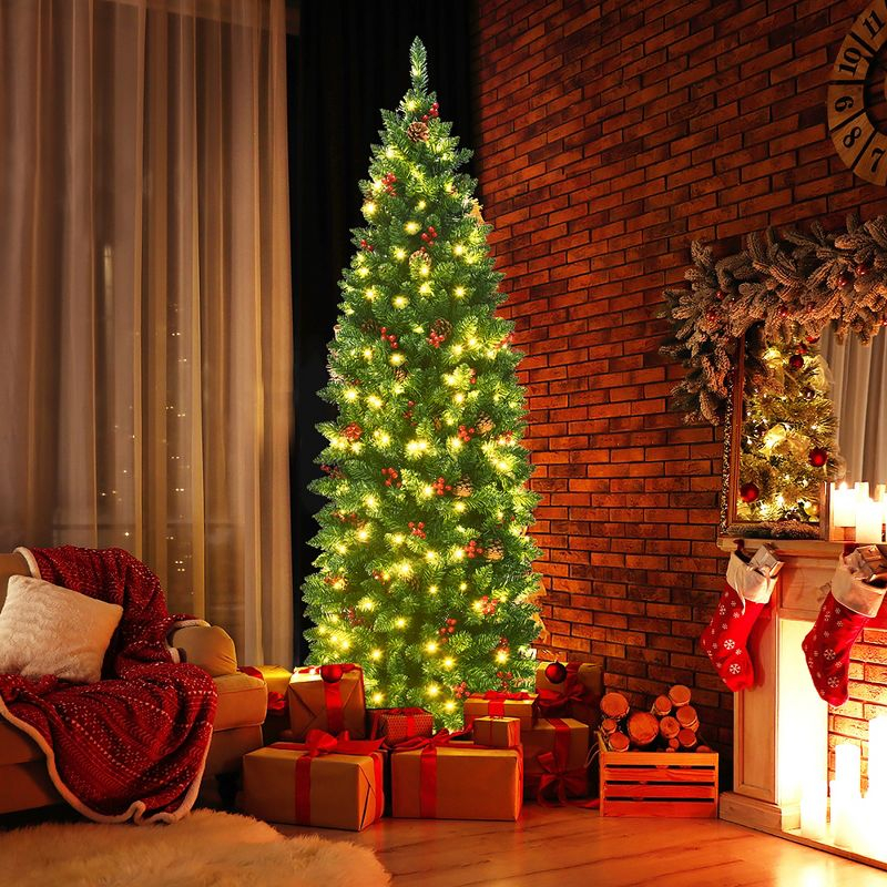 Costway 6.5Ft Pre-lit Hinged Pencil Christmas Tree w/Pine Cones Red Berries & 250 Lights