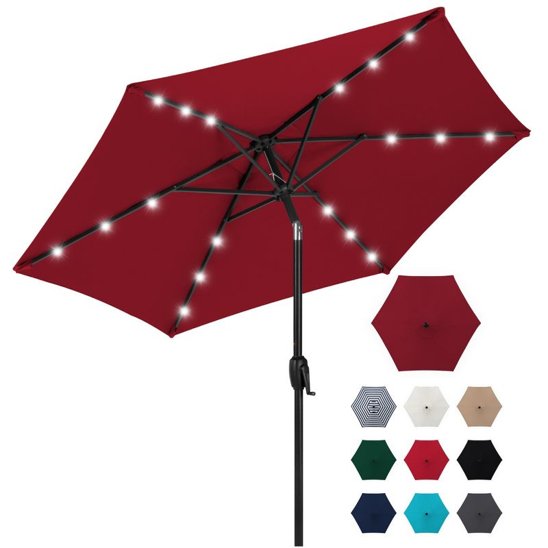 Best Choice Products 7.5ft Outdoor Solar Patio Umbrella for Deck, Pool w/ Tilt, Crank, LED Lights - Burgundy