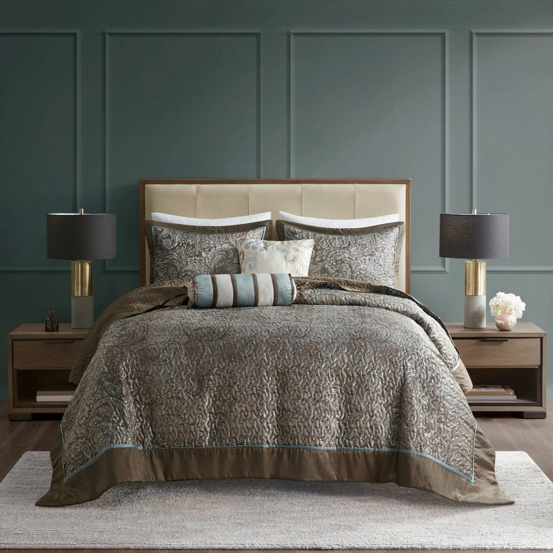 Madison Park 5pc King Whitman Reversible Jacquard Bedspread Set Blue: Embroidered, Traditional Style