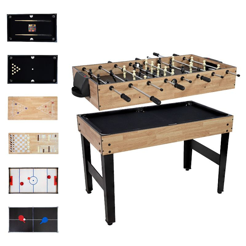 Sunnydaze Indoor Multi-Game Table with Billiards, Push Hockey, Foosball, Ping Pong, Bowling, and More - Light Wood Look