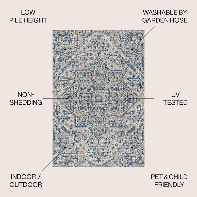 JONATHAN Y Estrella Bohemian Medallion Textured Weave Navy/Gray 9' Round Indoor/Outdoor Area Rug