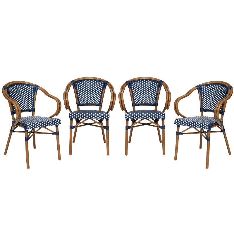 Flash Furniture 4 PK Bordeaux Indoor/Outdoor Commercial Bistro Stacking Chair w/ Arms, Navy & White PE Rattan & Bamboo Print Aluminum Frame in Natural