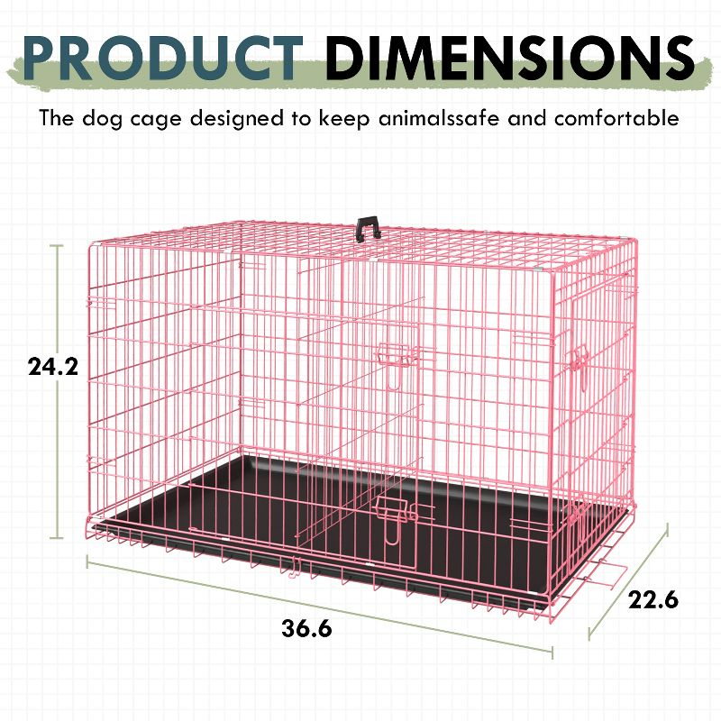 FDW 36 Inch Dog Crates for Large Dogs Folding Mental Wire Crates Dog Kennels Pet Dog Cage Crate with Double-Door Removable Tray and Handle,Pink