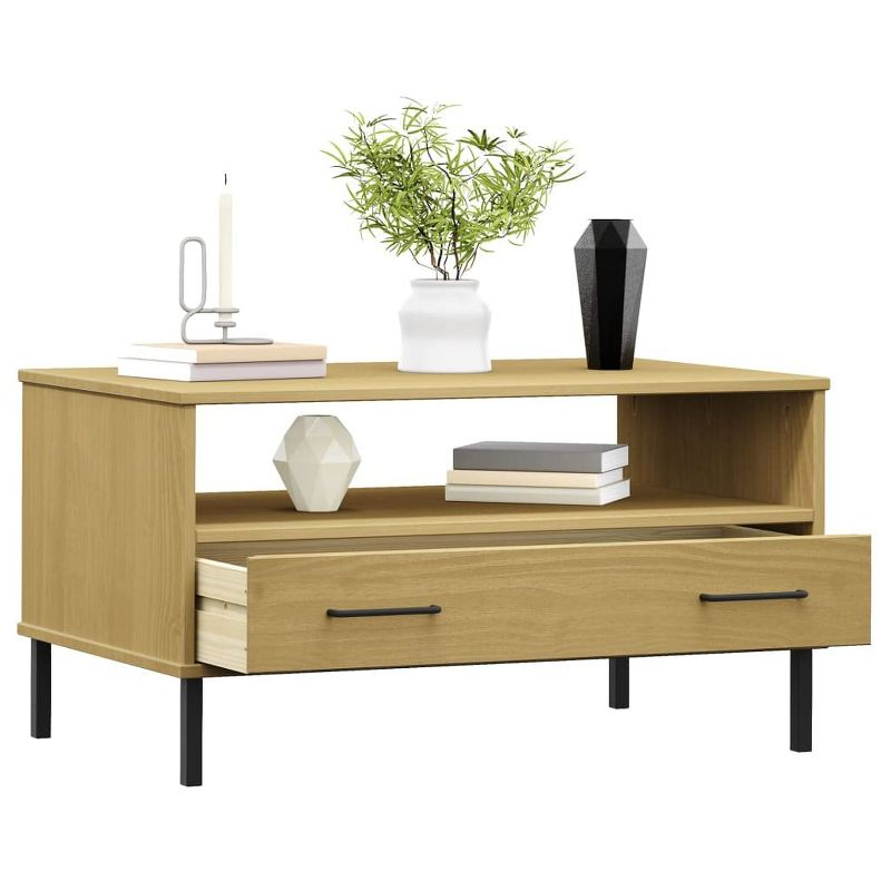 vidaXL Solid Pine Wood Coffee Table with Metal Legs and Drawer, Durable Living Room Table, Elegant Design, Easy Assembly, 33.5"x19.7"x17.7", Brown
