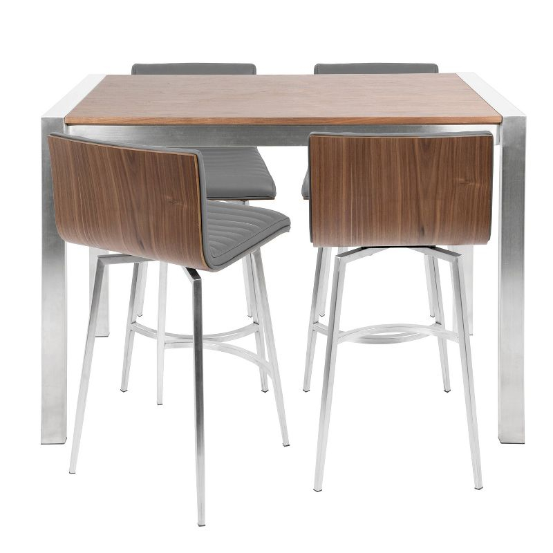 LumiSource 5pc Mason Counter Height Dining Set Stainless Steel Walnut/Gray PU Leather