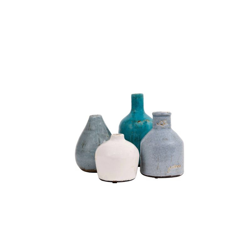 Storied Home Set of 4 Terra-cotta Vases Blue & White - Handmade Pottery, Not Dishwasher-Safe